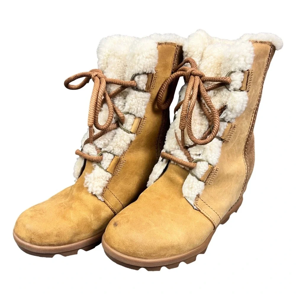 Sorel Joan of Arctic Wedge II Shearling Boots Camel Brown NL3021-224 Womens 8.5